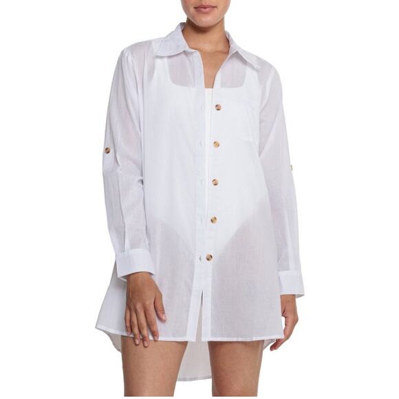 TRUE DESTINATIONS Cotton Voile Button-Front Solid Shirt - Long Sleeve Cover Up L - Picture 1 of 6